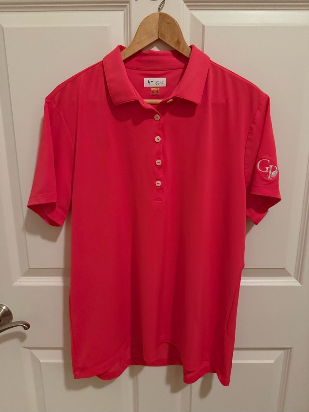 Greg Norman Women’s Shirt Polo Pink Tennis Stretch XL collar EUC Logos